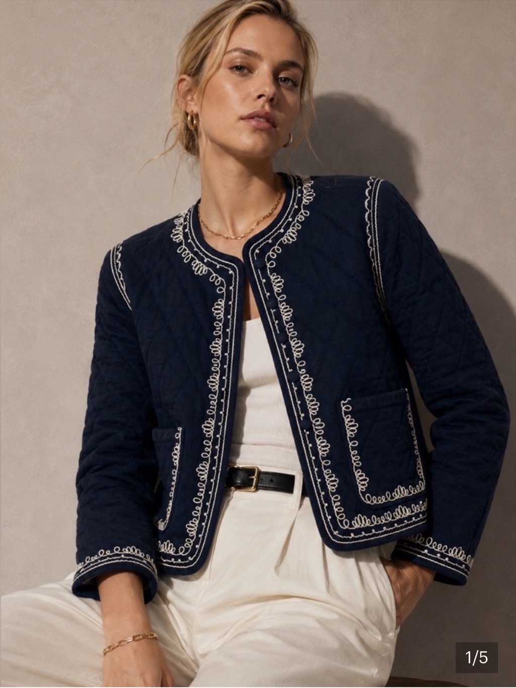 Bagatelle Navy Quilted Jacket With White Trim